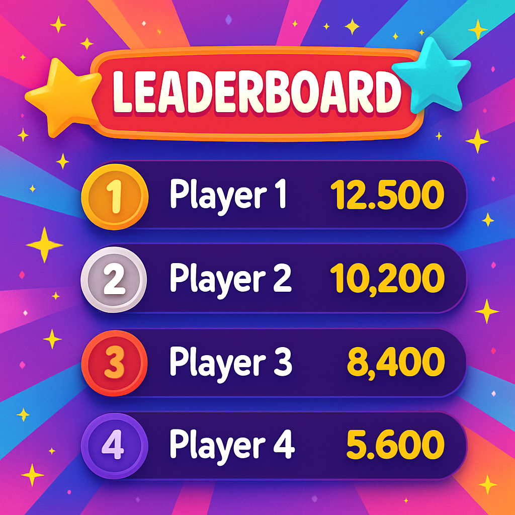 A leaderboard display showing top scores with a vibrant background